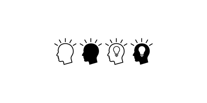 Four human head profile icons with creative light bulb ideas for innovation and problem solving concepts.