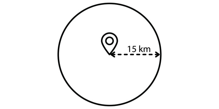 Location pin with 15 km radius circle for geographical range and proximity mapping.