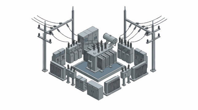 Minimalist Isometric of Electrical Substation Equipment with Power Lines and Surveillance Camera