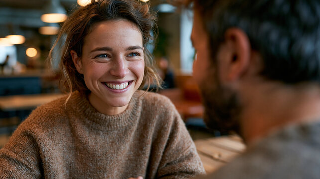 L&auml;chelnde Frau im Gespr&auml;ch mit Mann in gem&uuml;tlichem Caf&eacute;, warmes Bokeh-Licht, Lifestyle-Foto f&uuml;r Freundschaft und Dating