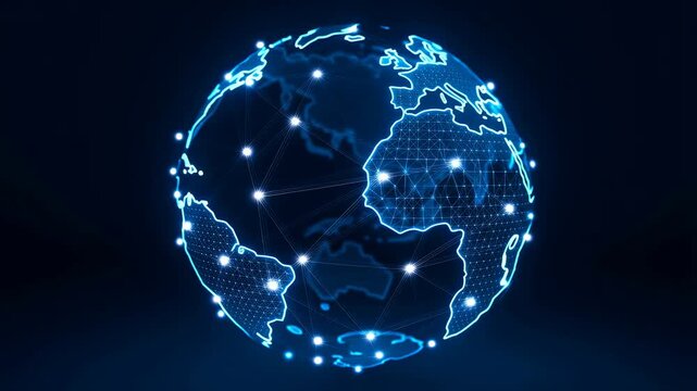 Rotating digital globe with glowing blue network nodes and connecting lines on a dark background. Flowing visual background for technology presentations and networking visuals.