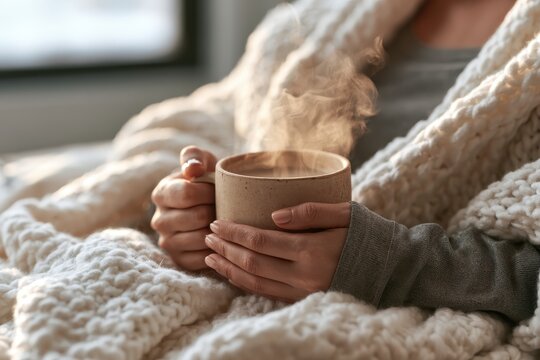 Close up of unrecognizable person wrapping in white knitted blanket. Female hands hold ceramic cup with thick rising steam. Cozy indoor mood for organic herbal tea marketing and winter wellness ads.