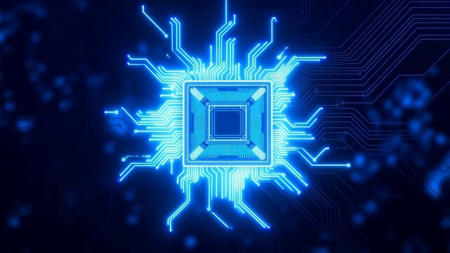 Glowing blue microchip pulses at center with circuit lines expanding outward on a dark digital background. Digital motion background for technology presentations and electronics marketing.