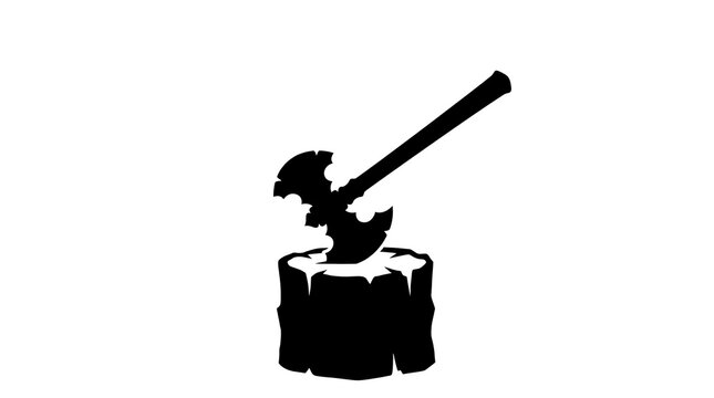 Black silhouette of a battle axe stuck in a wooden tree stump