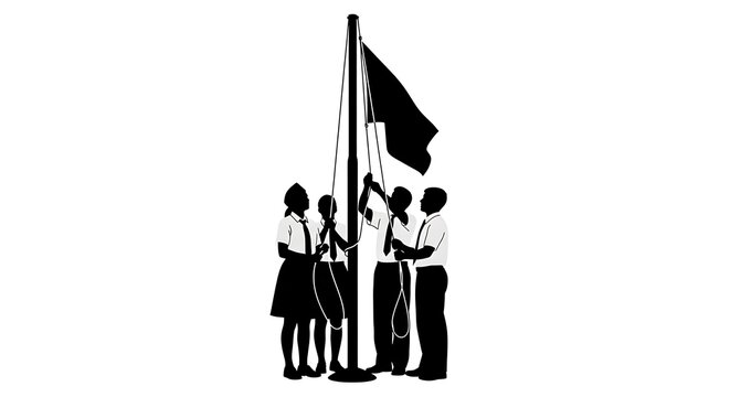 Group of students raising a flag on a pole during a ceremony