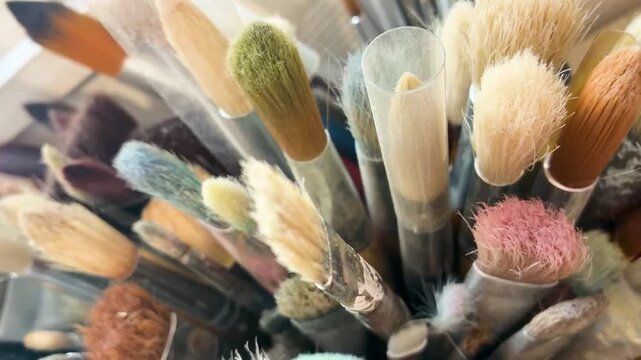 Close up detail of painting tools and brushes highlighting textures and bristles, Artist Atelier, Painting Workshop