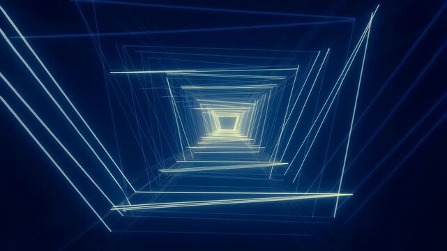Glowing wireframe tunnel of squares extends forward on a dark blue background. Flowing forward creates glowing light and visible depth.