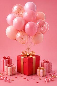 Bunch of pink balloons tied to a red gift box with ribbons