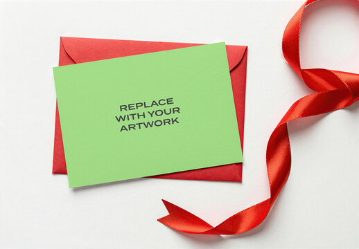 Stationery card mockup with red envelope and ribbon on white surface, flat lay presentation for print design, branding, editorial, business or invitation display