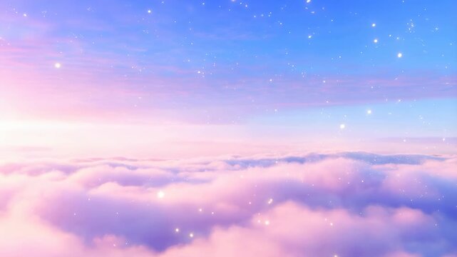 Soft pastel clouds drift slowly across a gradient sky with sparkling light particles gently twinkling and floating. Flowing visual background for relaxation videos and meditation apps.