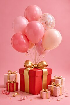 Pink balloons floating above a red gift box with gold ribbon bows