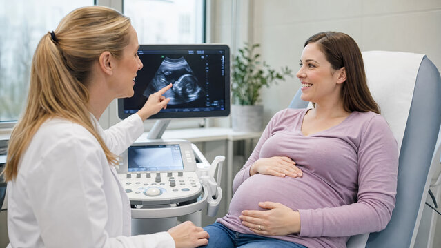 Pregnant woman discussing prenatal ultrasound results with female doctor in modern medical clinic, viewing fetal sonogram on monitor during maternity consultation, pregnancy checkup and prenatal care
