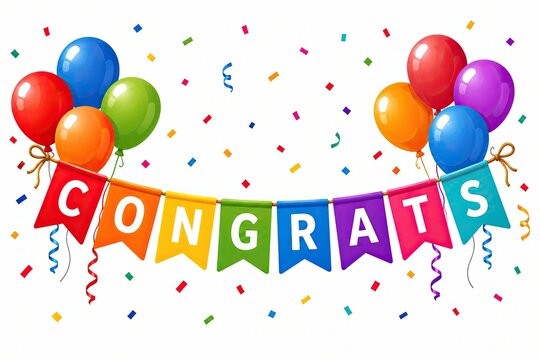 Colorful congrats banner with party balloons and confetti decoration