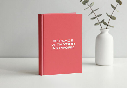 Book cover mockup displayed upright on a white surface with vase and eucalyptus branch in the background, realistic presentation for branding, graphic design, editorial Template, print
