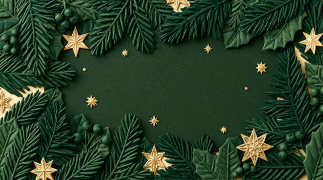Christmas Frame with Fir Branches and Gold Stars