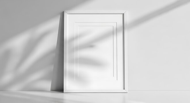 Empty white picture frame leaning on a wall with tropical plant leaf shadow overlay for home decor