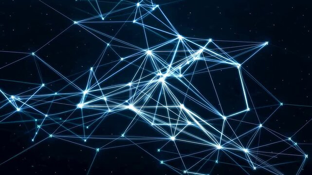 Glowing blue and white nodes pulse and shift positions while connected by flowing lines on a dark digital background. Abstract animation features pulsing motion and luminous energy.