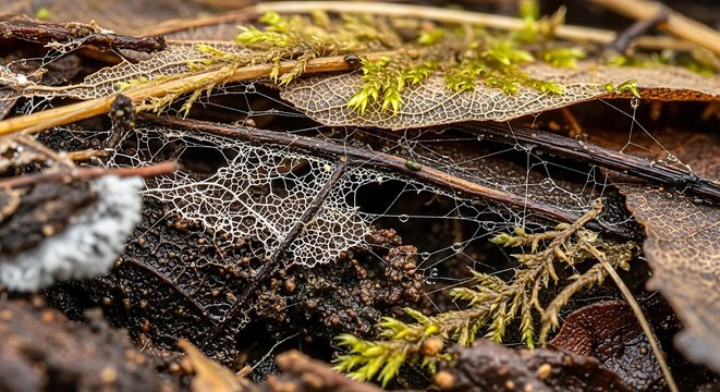 Macro close-up of a spider web in a garden bed with leaves and moss, detritus