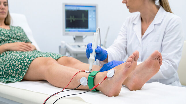 Doctor with blue gloves performs a nerve conduction EMG study on a female patient's leg with electrodes attached