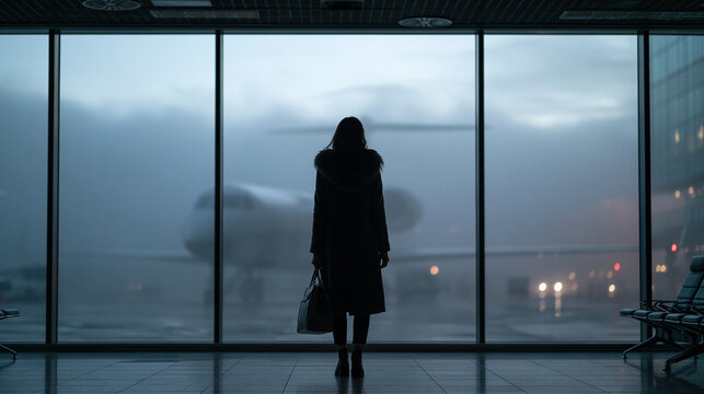 Silhouette of Traveler at Airport Looking at Plane in Fog