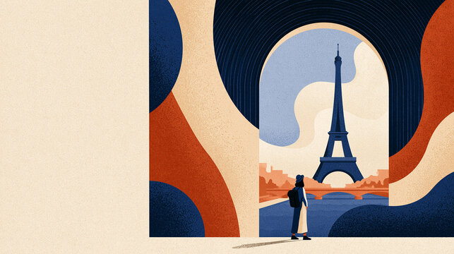 Woman Looking at Eiffel Tower in Paris Travel Illustration