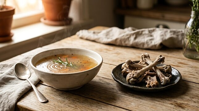 A steaming bowl of nutritious homemade soup served on a rustic wooden table alongside a plate of leftover chicken bone calcium for a healthy diet
