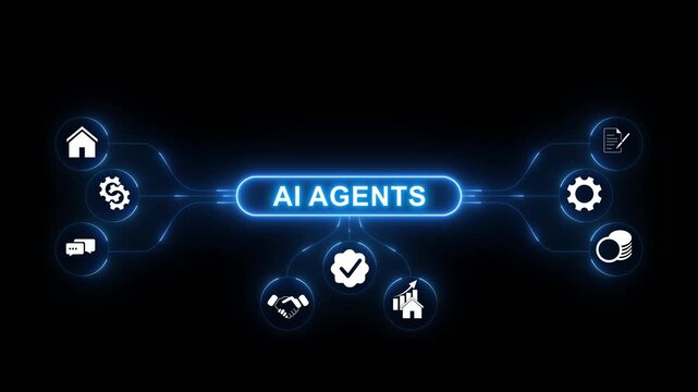 AI agents concept on the black background. Connected artificial intelligence icons and data flow, autonomous workflow, multi agent system. 4k video animation on transparent ..
