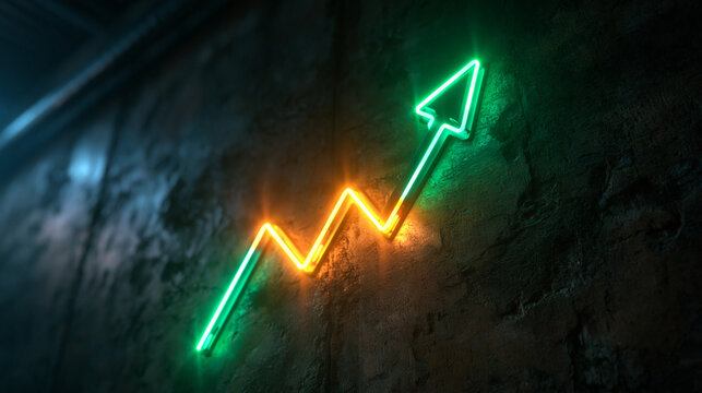 Glowing Neon Upward Arrow Symbolizing Business and Financial Growth