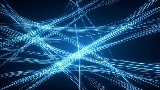 Dynamic glowing blue lines flow and intersect on a dark background. Abstract background features intersecting glowing lines with rhythmic movement.