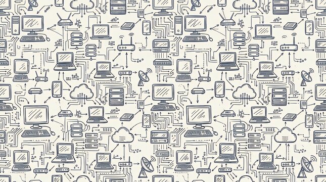 Interconnected digital network repeating layout featuring sketched computational network s and communication devices network digital cloud computing server internet connection device icon symbol