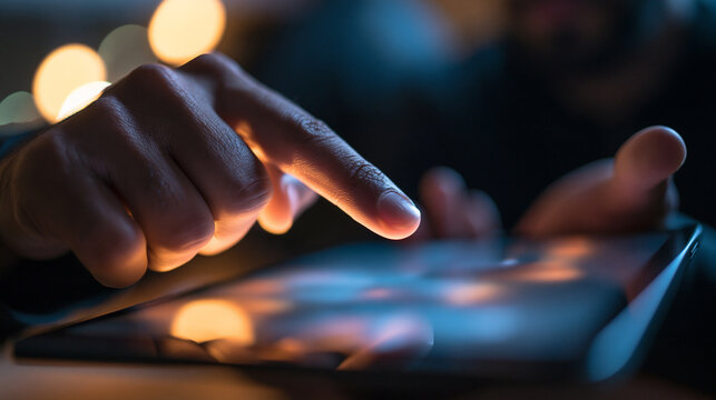 Close-Up of Finger Touching Digital Tablet Screen at Night