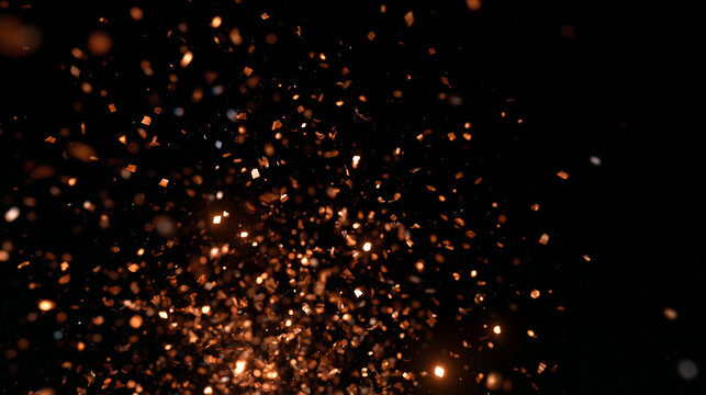 Golden Confetti and Sparks Exploding on Black Background
