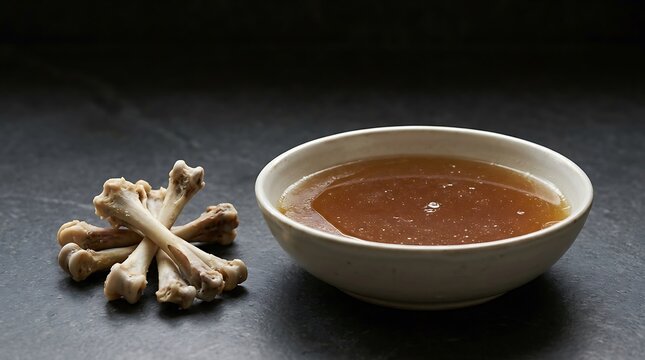 A ceramic bowl filled with rich chicken bone calcium broth next to a small pile of cleaned animal bones on a dark textured background for health nutrition