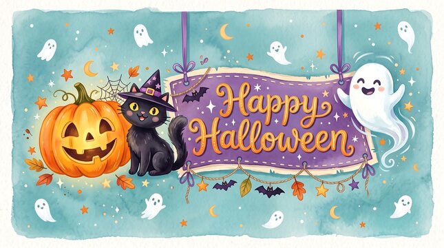 Festive halloween scene with pumpkin ghost black cat and greeting banner