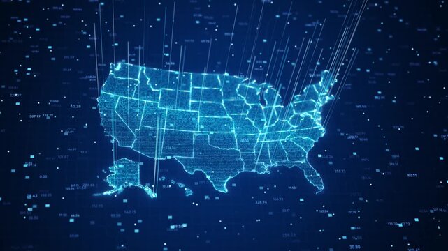Futuristic USA map visualized rising signal lines, numerical analytical interface. network monitoring, telecom, cloud systems, AI research, national infrastructure, statistics enterprise technology.