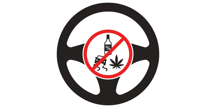 Prohibition sign against impaired driving with alcohol and drugs inside steering wheel icon vector illustration.