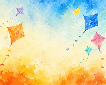 Colorful kites flying in a bright watercolor sky background