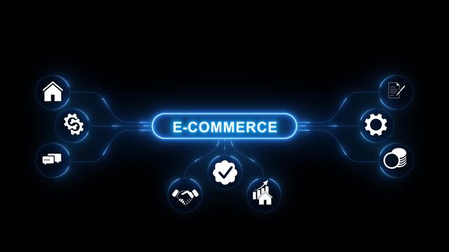 Businessman interacting with digital e-commerce hologram, futuristic online business concept. with neon toolbox any item use for animation