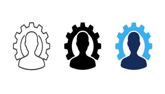 User settings vector icon set with person avatar profile and gear cog wheel wheels in outline solid styles