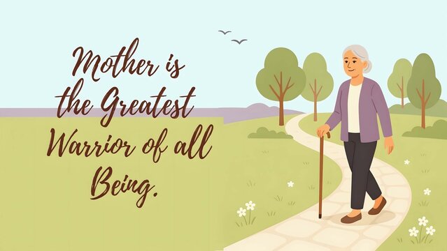 An elderly woman walking on a stone path in a park with a cane, featuring the text mother is the greatest warrior of all being on a background