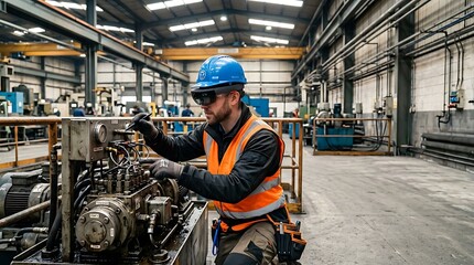Fototapeta premium Technician uses augmented reality headset for industrial machinery maintenance