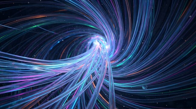 Abstract swirling light trails in deep space with vibrant colors and a cosmic atmosphere