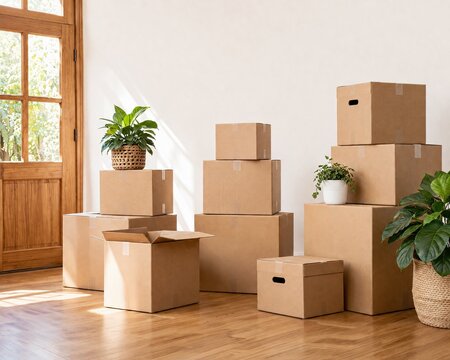 Stack of brown cardboard moving boxes in a bright room with green house plants inside