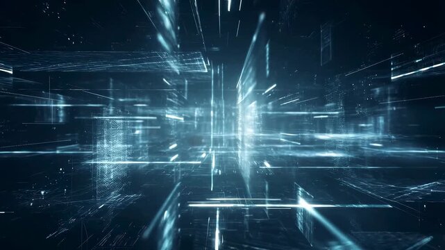 Glowing blue lines and white particles flow forward through a digital grid tunnel in a dark virtual space. Glowing light adds depth and energy to the animated scene.