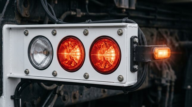 Heavy duty truck tail lights with glowing amber marker and ratchet tie-down straps secured for cargo