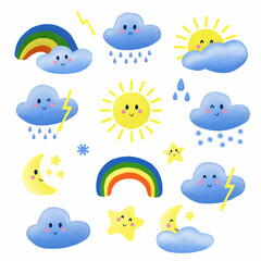 Fototapeta premium Cute weather icons set with cartoon smiling clouds, sun, rainbow, moon, stars. Hand drawn watercolor style forecast elements for children design, stickers, nursery decor and educational materials.