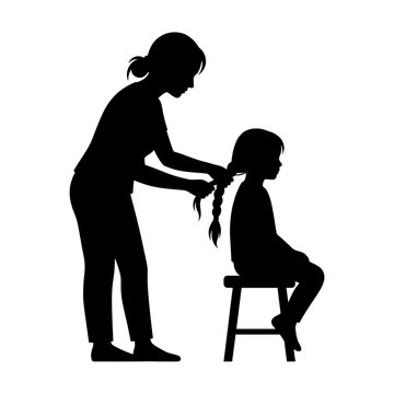 Mother braiding child hair silhouette on white