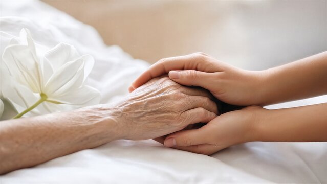 Closeup of caregiver holding elderly patient hand in palliative care. Compassionate hospice support, comfort, dignity, human connection, and end of life healthcare concept.