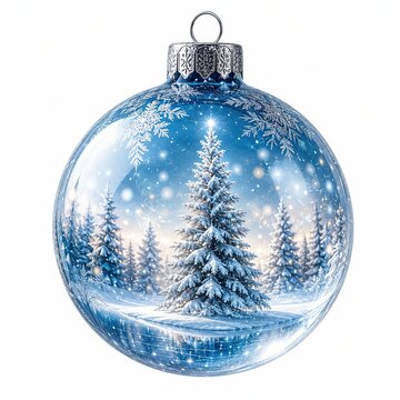 Shiny blue christmas bauble with a snowy winter forest scene isolated on white