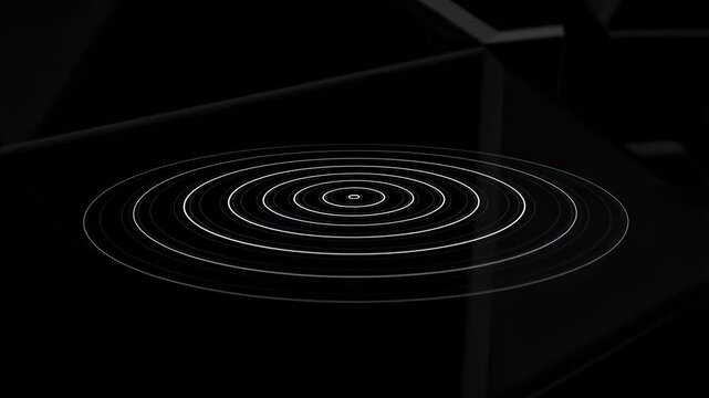White concentric circles pulse by expanding and contracting on a dark digital interface background. Digital motion background for visual effects and ui design.